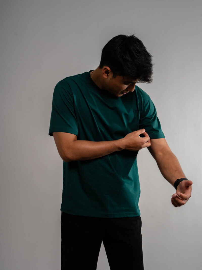 Plain Drop Shoulder Green Round Neck Short Sleeve T-shirt - Image 2