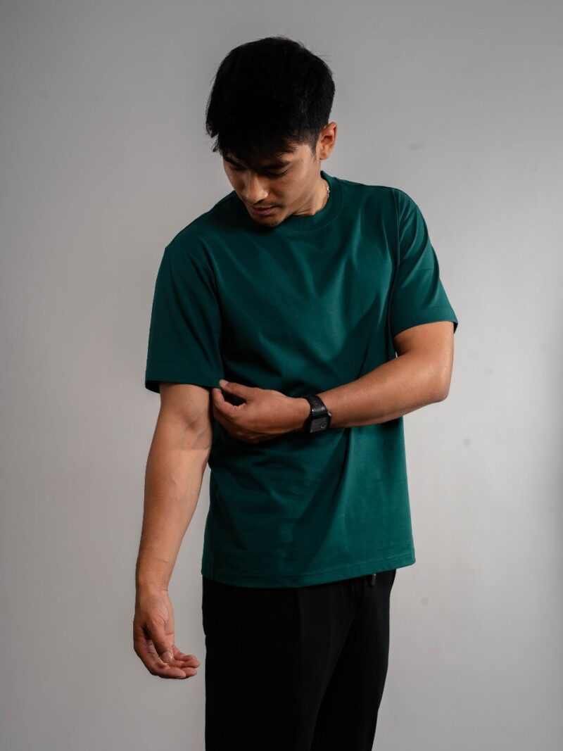 Plain Drop Shoulder Green Round Neck Short Sleeve T-shirt - Image 3