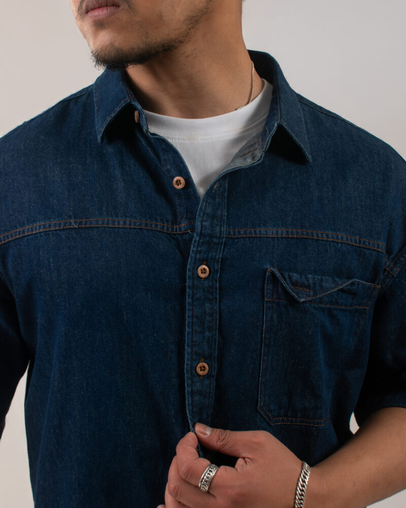 Dark Blue Short-sleeve Denim Cotton shirt - Image 2