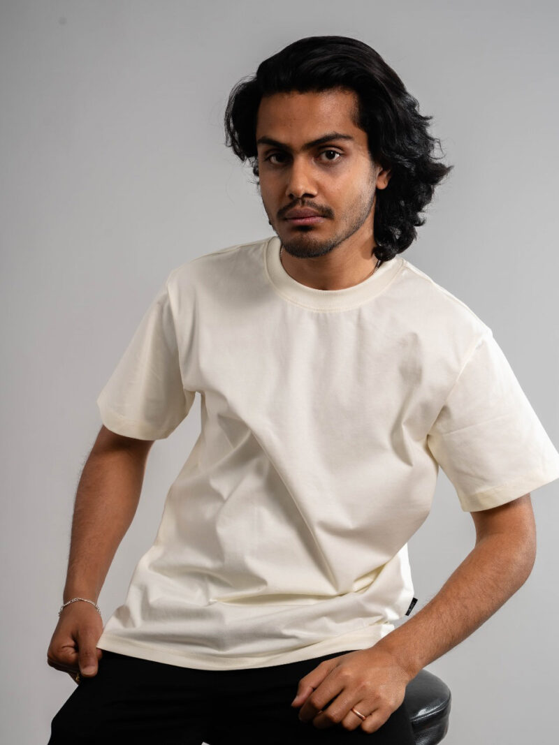 Plain Drop Shoulder Cream Round Neck Short Sleeve T-shirt - Image 2