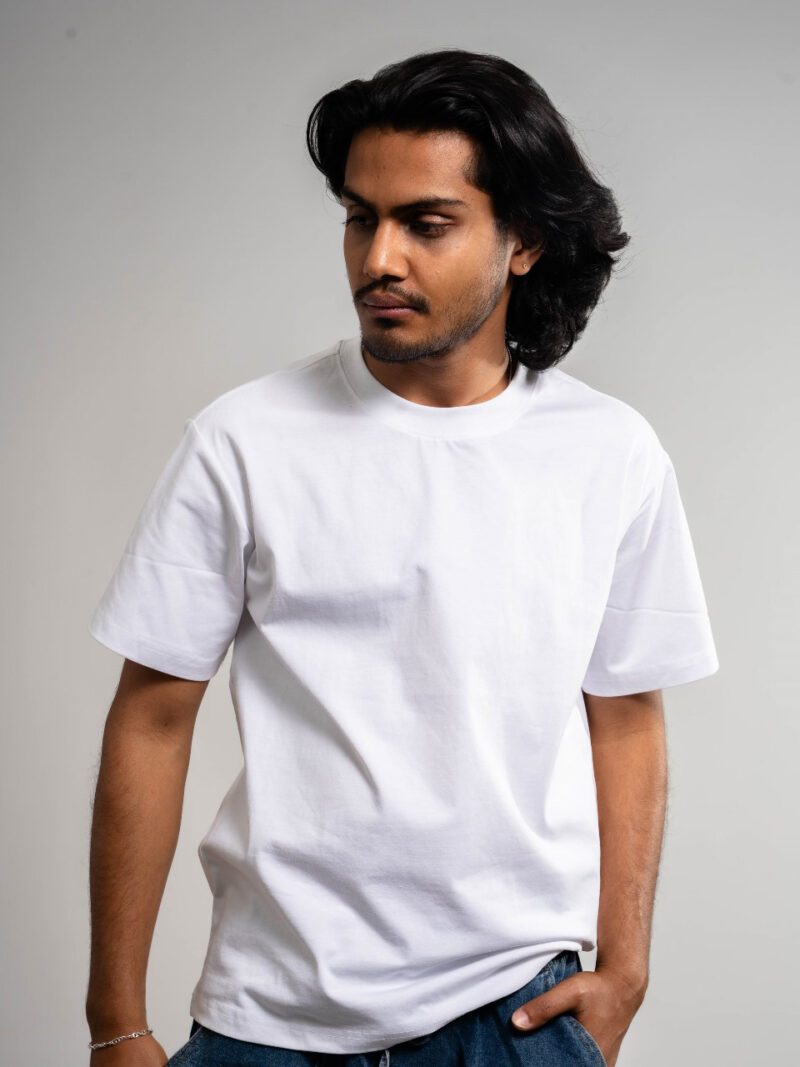 Plain Drop Shoulder Cream Round Neck Short Sleeve T-shirt - Image 4