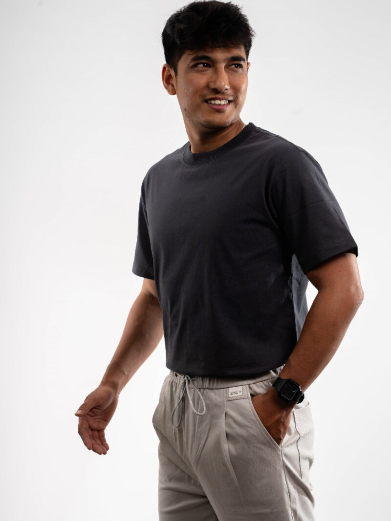 Plain Drop Shoulder Grey Round Neck Short Sleeve T-shirt - Image 3