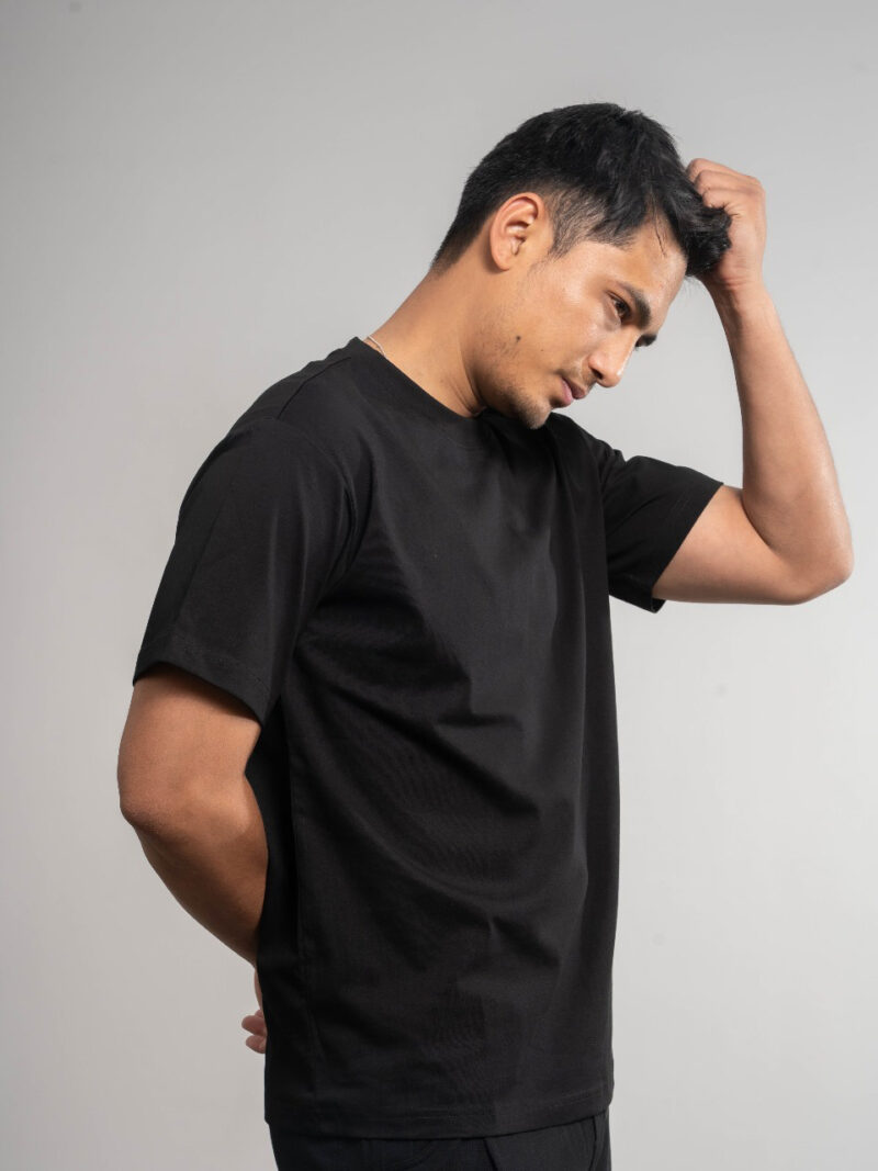 Plain Drop Shoulder Black Round Neck Short Sleeve T-shirt - Image 3