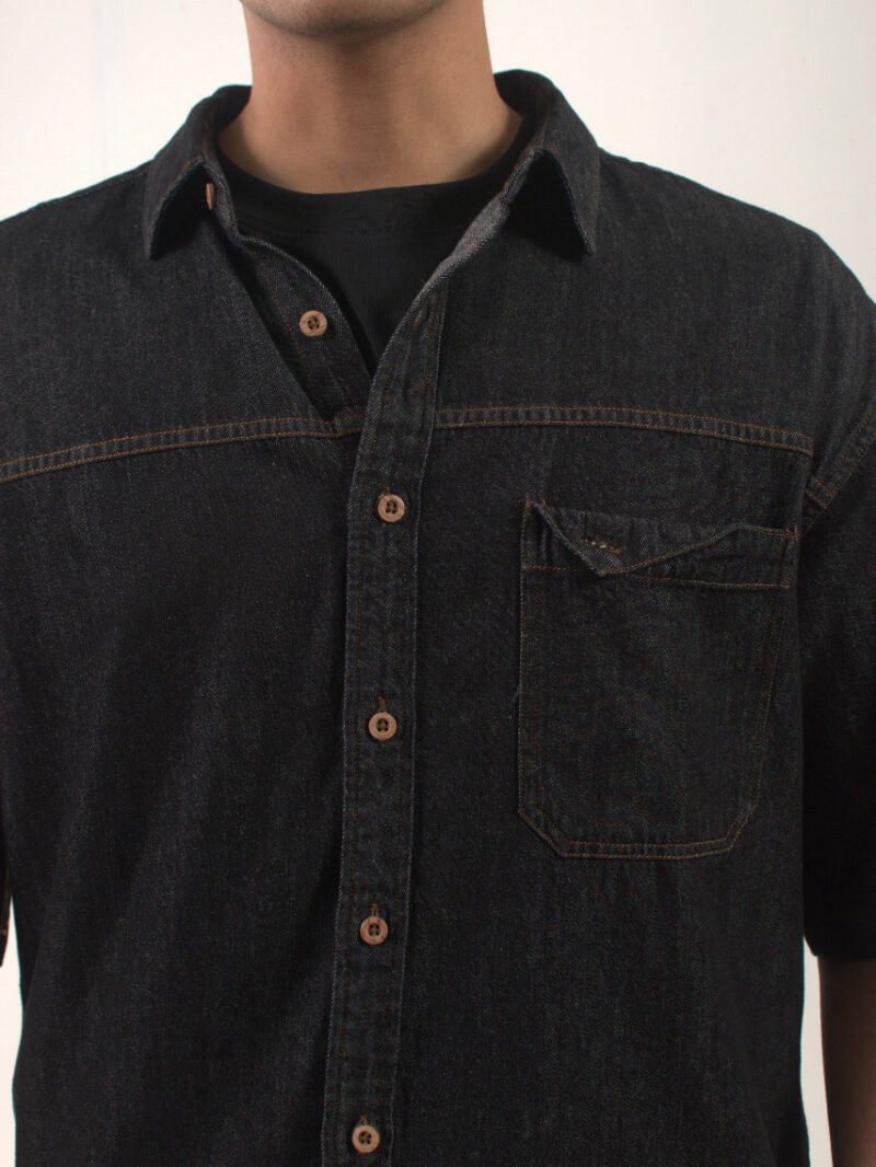 Black Short-sleeve Denim Cotton shirt - Image 2