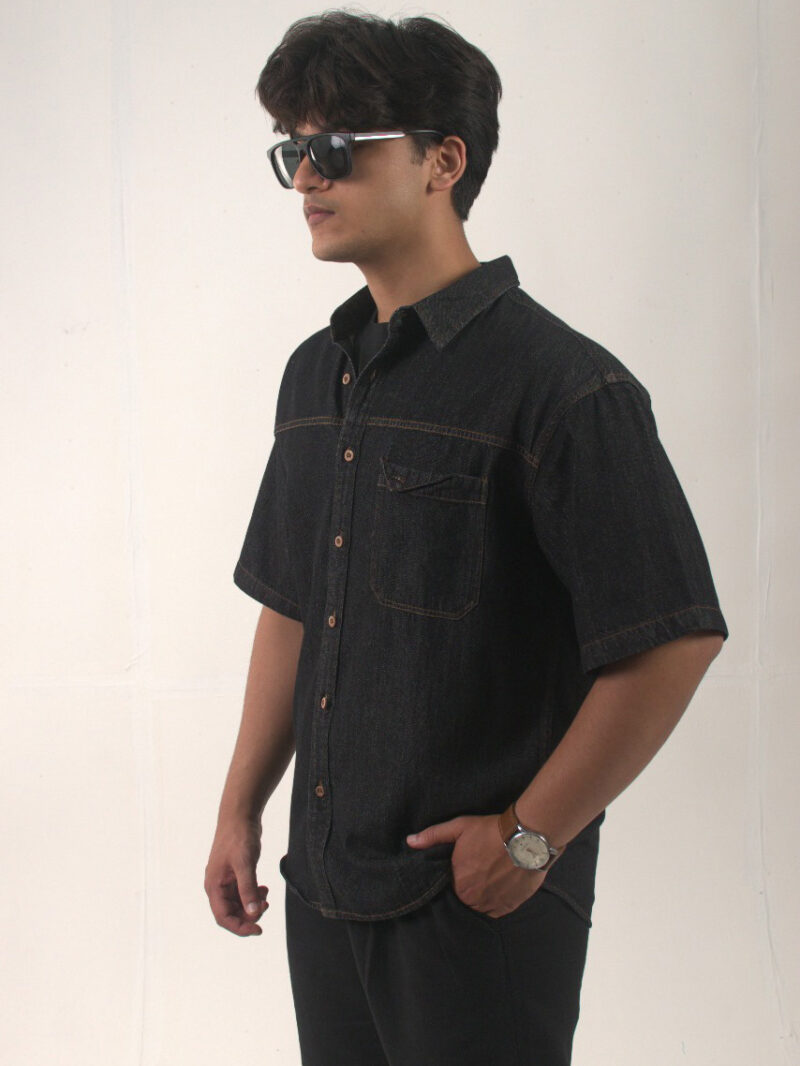 Black Short-sleeve Denim Cotton shirt - Image 4