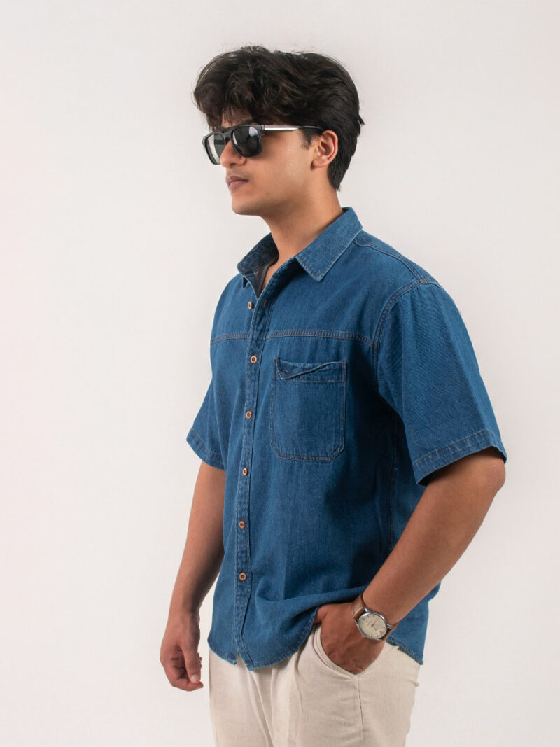 Blue Short-sleeve Denim Cotton shirt - Image 2