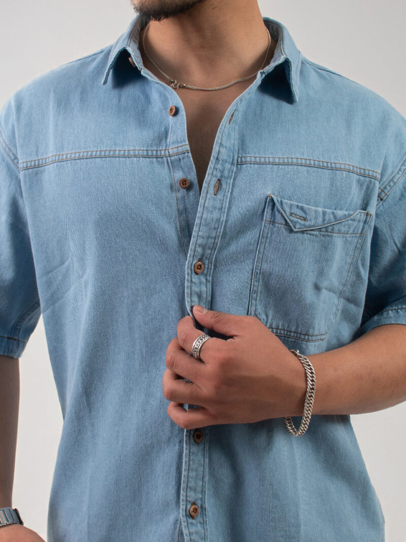 Sky Blue Short-sleeve Denim Cotton shirt - Image 2