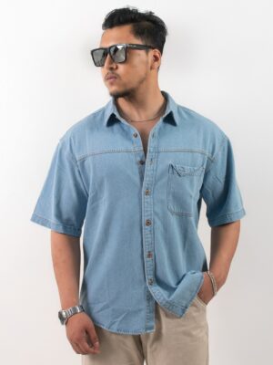 Sky Blue Short-sleeve Denim Cotton shirt