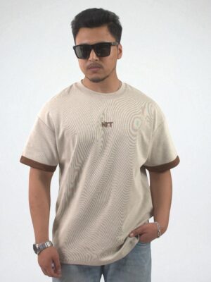 NKT Men cream round neck t-shirt Nepal – front view with brown sleeves