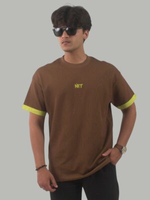 Men's brown NKT t-shirt with yellow trim for casual wear in Nepal.