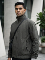 Premium grey zip-up windbreaker jacket with relaxed streetwear fit available at Ranjana Complex Nepal.