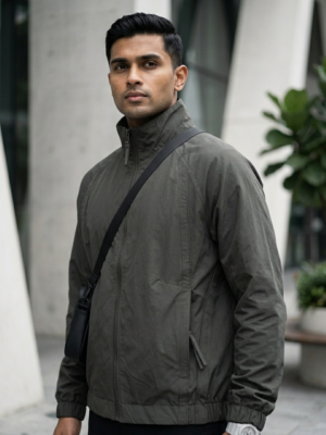 Premium grey zip-up windbreaker jacket with relaxed streetwear fit available at Ranjana Complex Nepal.