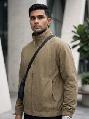 Premium khaki zip-up windbreaker jacket with relaxed streetwear fit available in Nepal at Ranjana Complex Kathmandu.