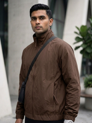 Premium brown zip-up windbreaker jacket with modern oversized fit and curved stitching available at Ranjana Complex Kathmandu Nepal.