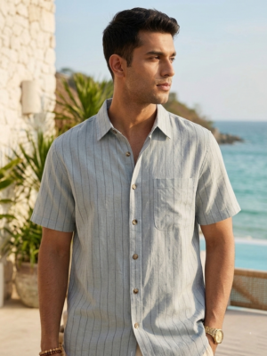 Premium blue linen pinstripe short-sleeve shirt for men", "Men's relaxed-fit blue linen summer shirt