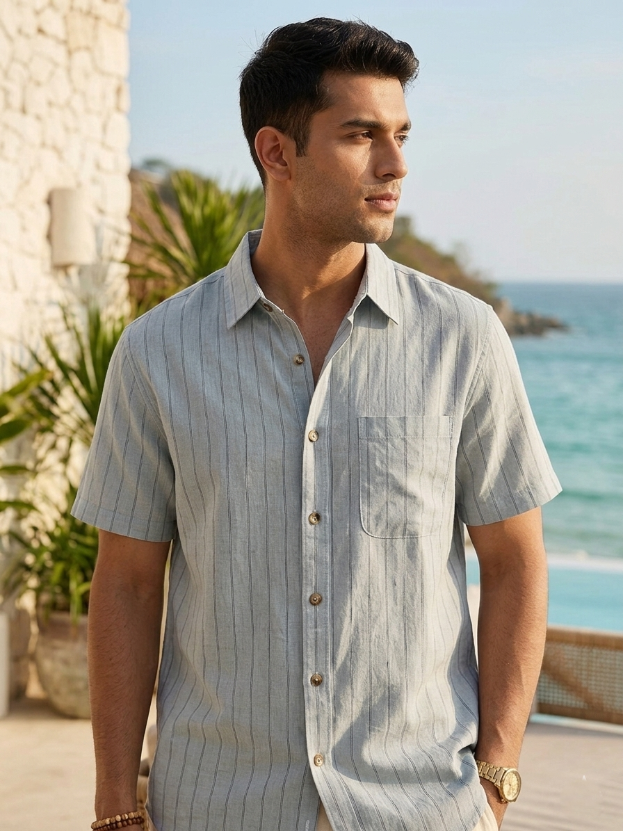 Premium blue linen pinstripe short-sleeve shirt for men", "Men's relaxed-fit blue linen summer shirt