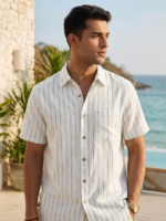 man wearing Premium white Linen Pinstripe Short-Sleeve Shirts