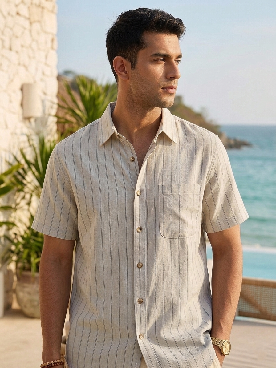 Premium White Linen Pinstripe Short-Sleeve Shirts - Image 3