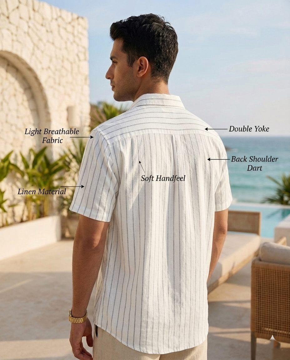 Premium White Linen Pinstripe Short-Sleeve Shirts - Image 2