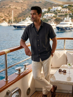 Premium Navy Blue Linen Rayon Self-Pattern Comfort Shirt