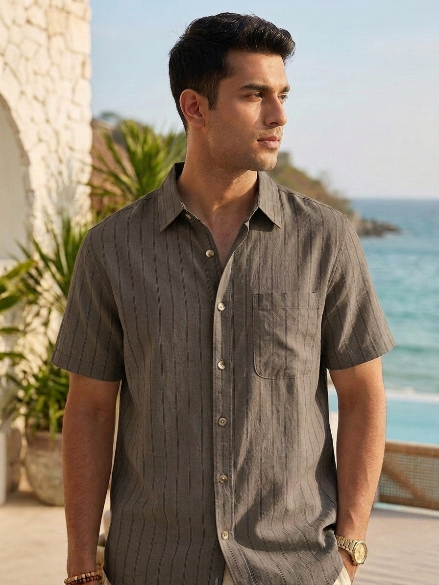 Premium mud linen pinstripe short-sleeve shirt for men", "Men's relaxed-fit earthy brown linen summer shirt