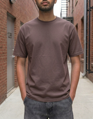 Plain Drop-Shoulder Mocha Brown Round-Neck Short-Sleeve T-shirt
