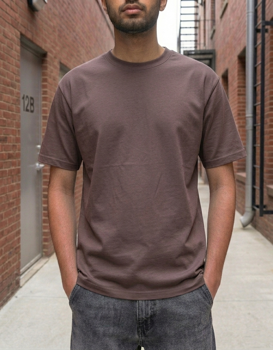 Plain Drop-Shoulder Mocha Brown Round-Neck Short-Sleeve T-shirt