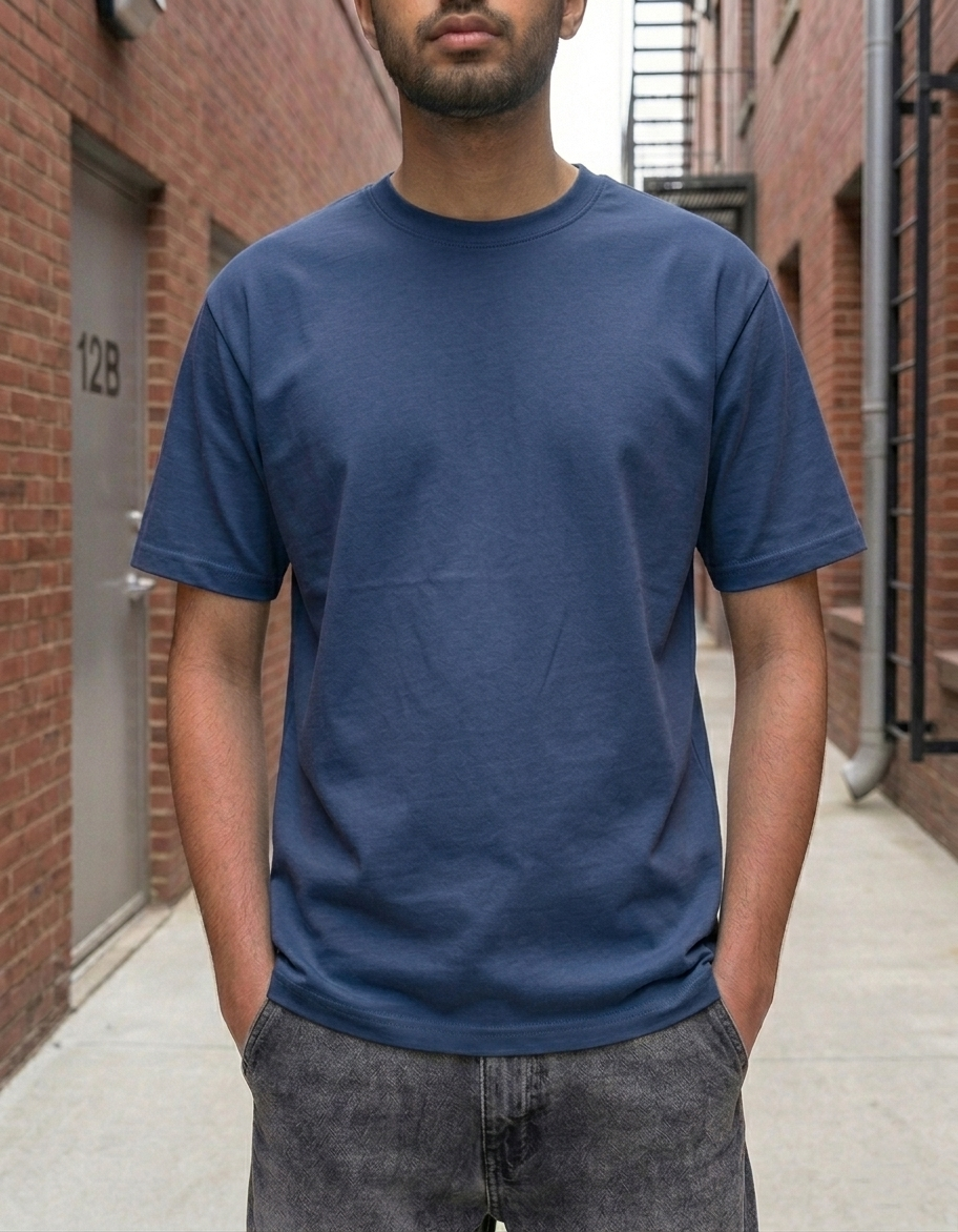 Plain Drop-Shoulder Light Blue Round-Neck Short-Sleeve T-shirt - Image 9