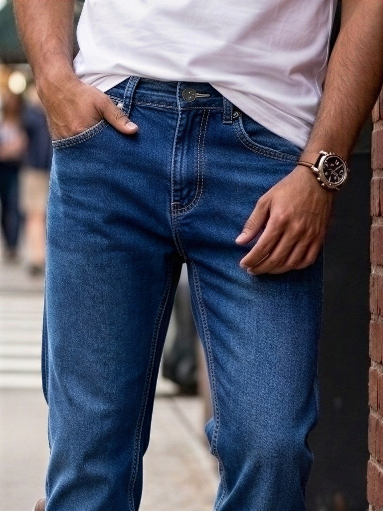 tailored straight fit Medium Blue Wash denim Jeans Pant - Image 2