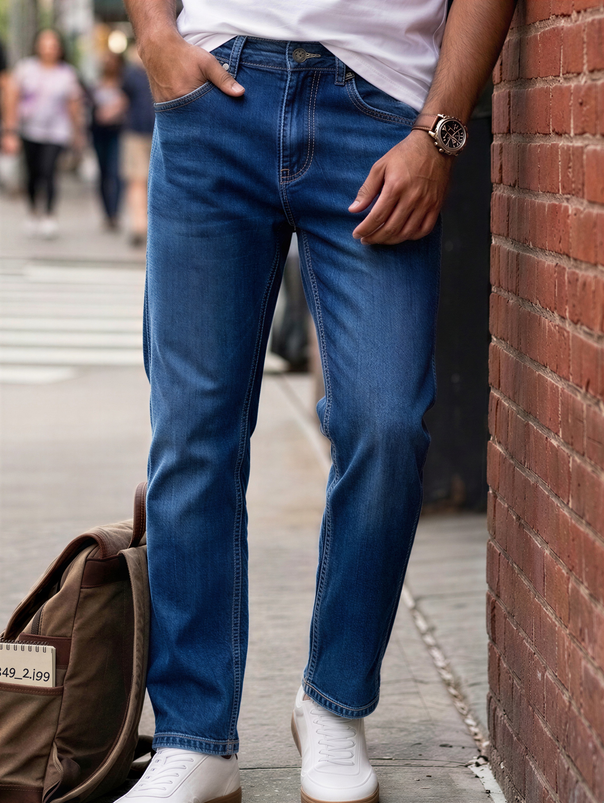tailored straight fit Medium Blue Wash denim Jeans Pant - Image 3
