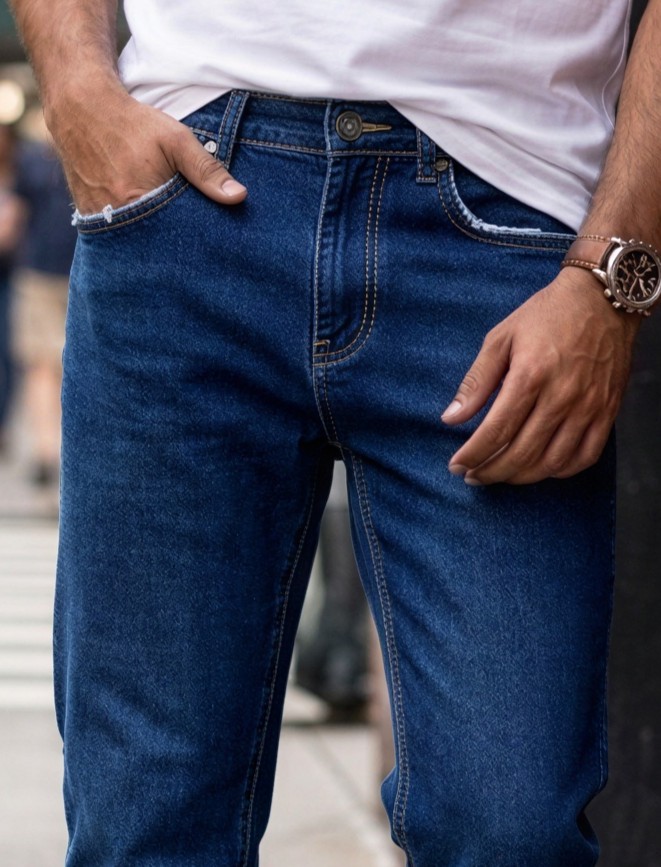 tailored straight fit Medium Blue Wash denim Jeans Pant - Image 6
