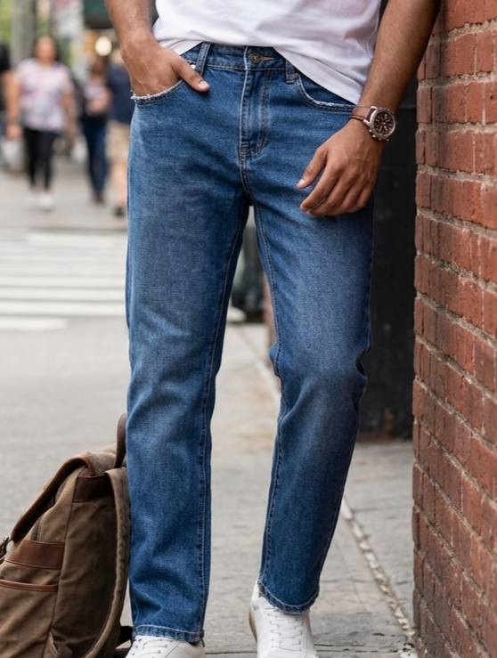 tailored straight fit Medium Blue Wash denim Jeans Pant - Image 9