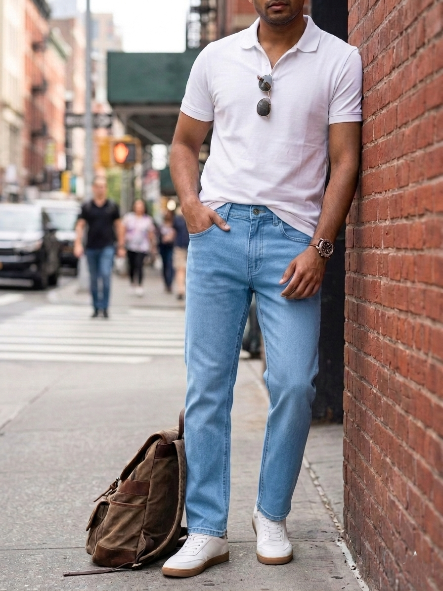 tailored straight fit Medium Blue Wash denim Jeans Pant - Image 17