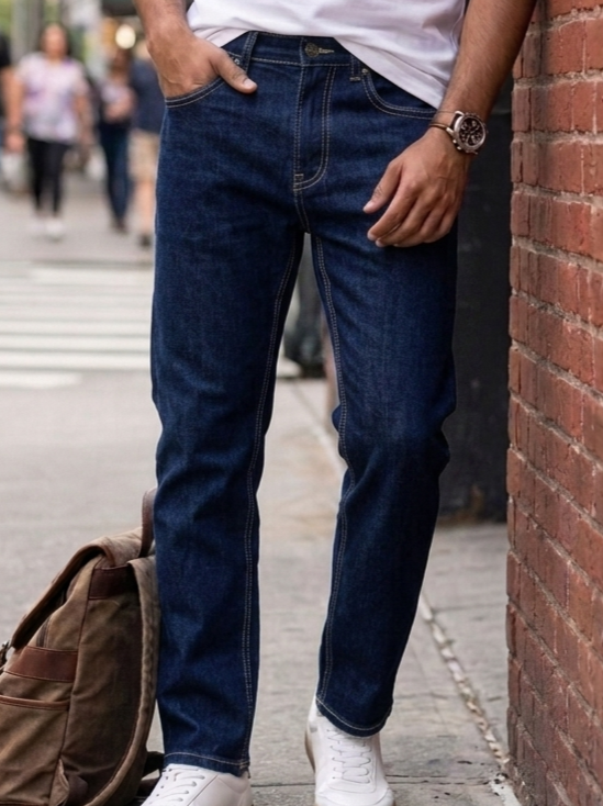 tailored straight fit Medium Blue Wash denim Jeans Pant - Image 19